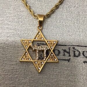 HANUKKAH JEWISH Star w/ Chai & rhinestones. Gold stainless steel.